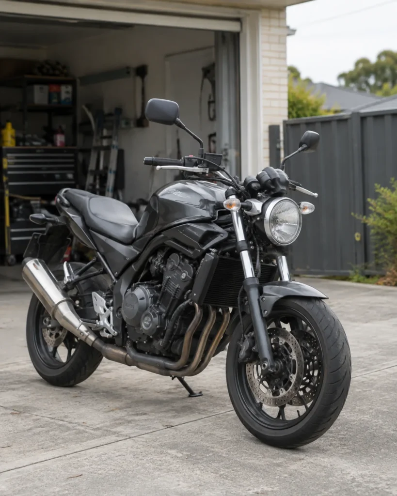 Illustrative used road motorcycle in an Australian residential garage