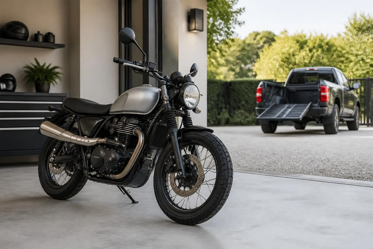 Clean motorcycle ready for pickup in a bright driveway setting