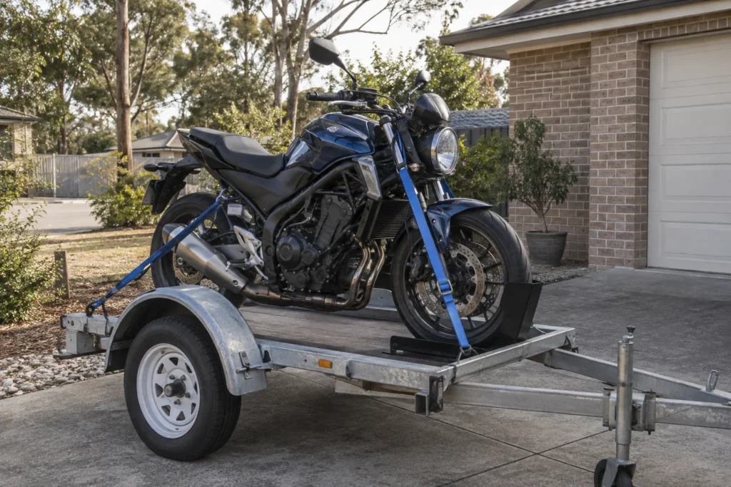 Illustrative motorcycle secured on a transport trailer in a suburban driveway