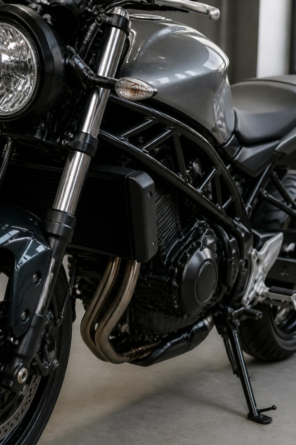 Well-maintained motorcycle in a clean professional garage