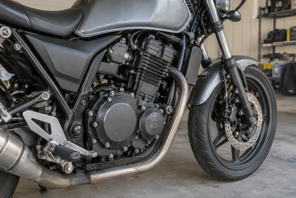 Illustrative close-up of motorcycle engine, tyre and brake condition